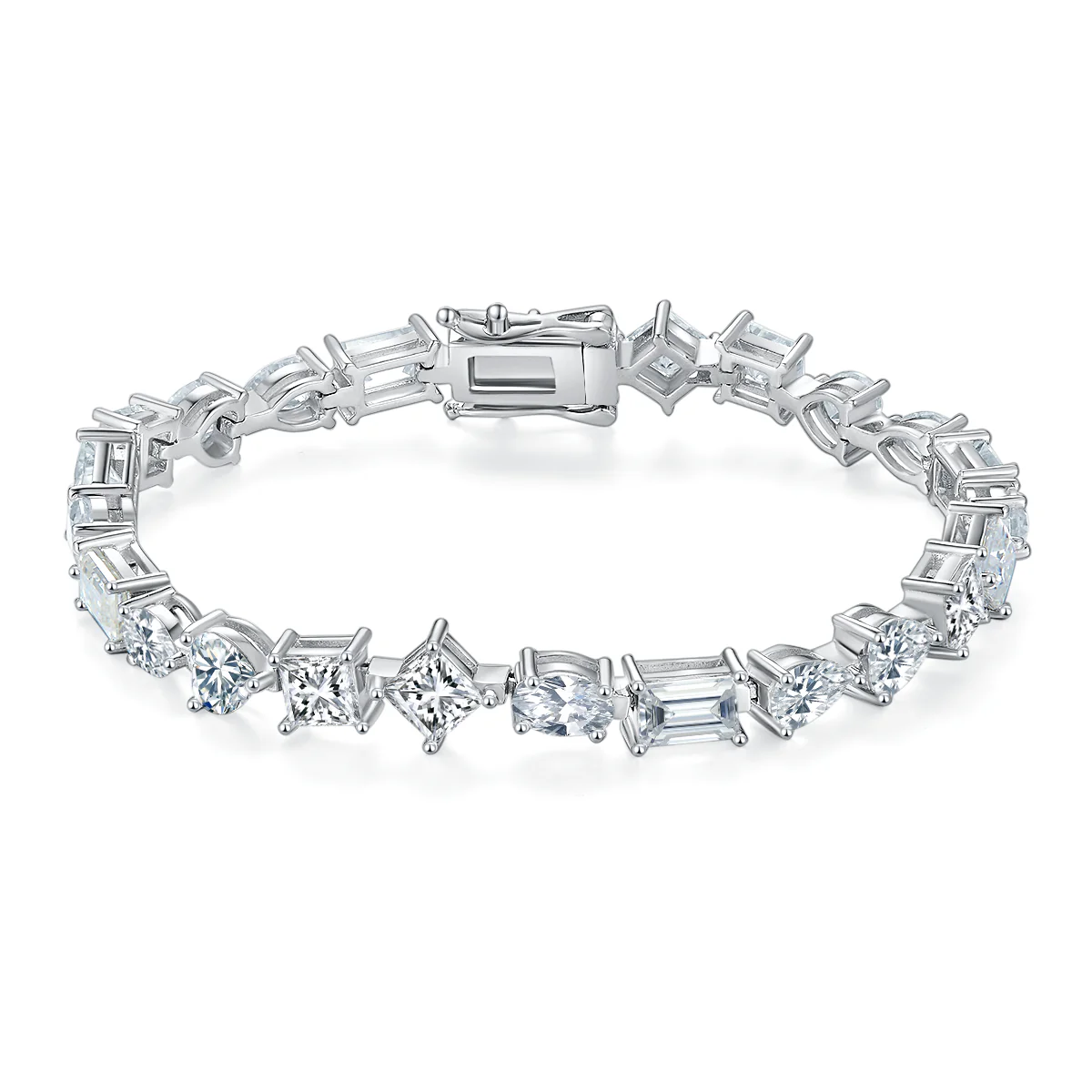 Multi Shape Moissanite Silver Tennis Bracelet White Gold