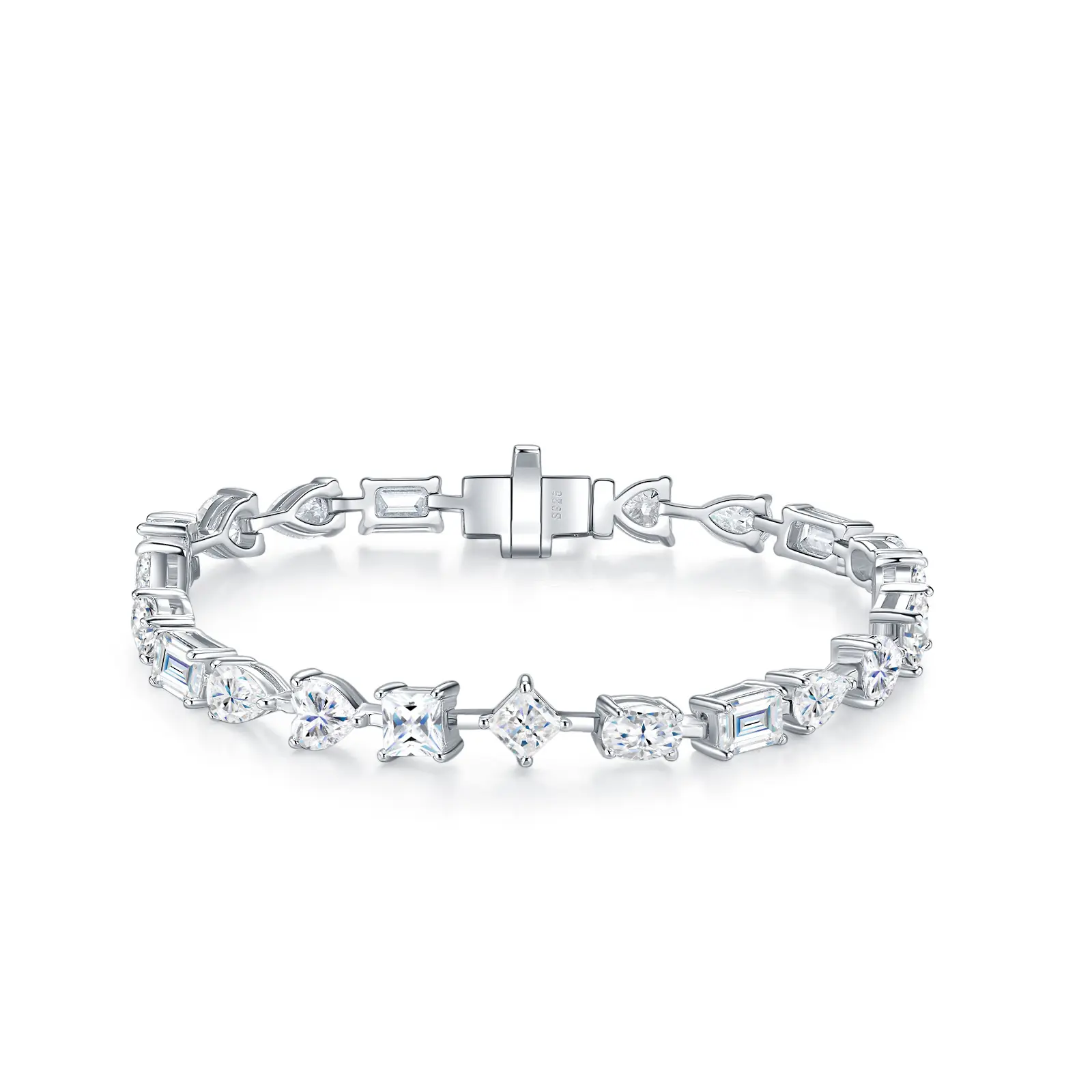Multi Shape Moissanite Silver Tennis Bracelet White Gold