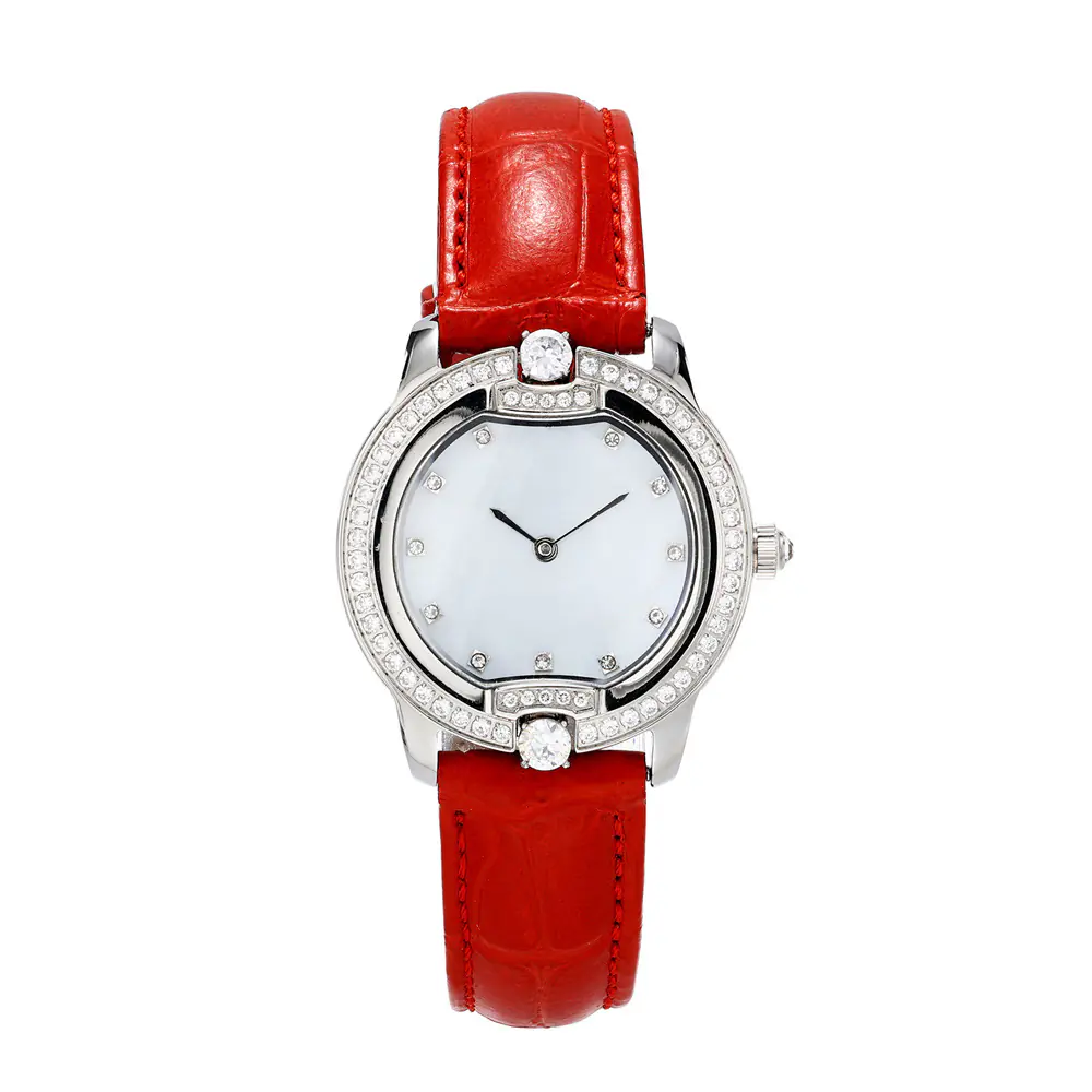 Stainless Steel Round dial With Red Leather Strap Quartz Watch