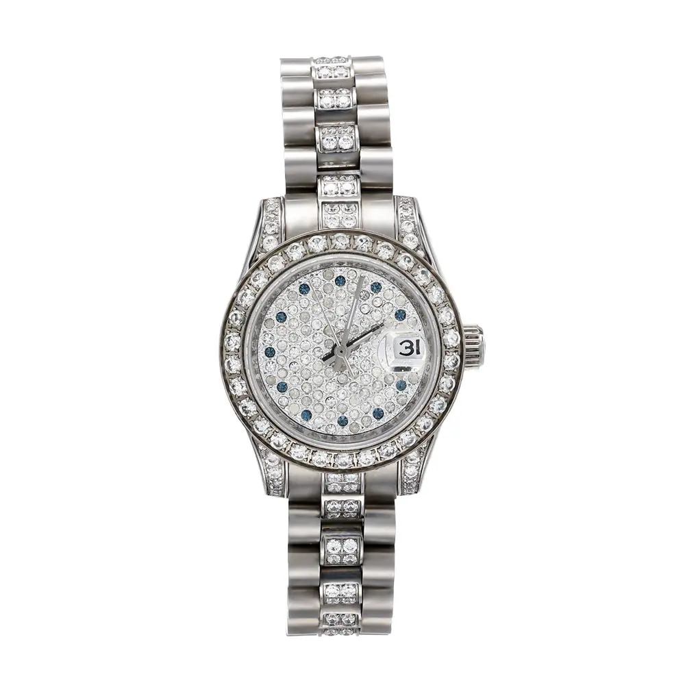 Full Crystal Paved CZ& Moissanite Stainless Steel Round dial With Metal Strap Quartz watch