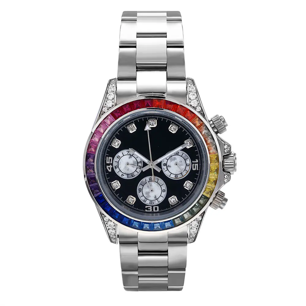 Stainless Steel Rainbow Bezel Round dial With Metal Strap Quartz Watch