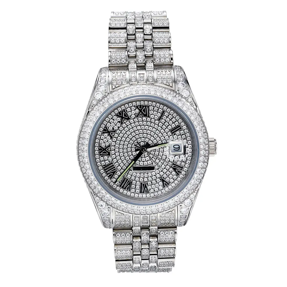 Iced Out Round dial With Metal Strap Mechanical Watch Stainless Steel