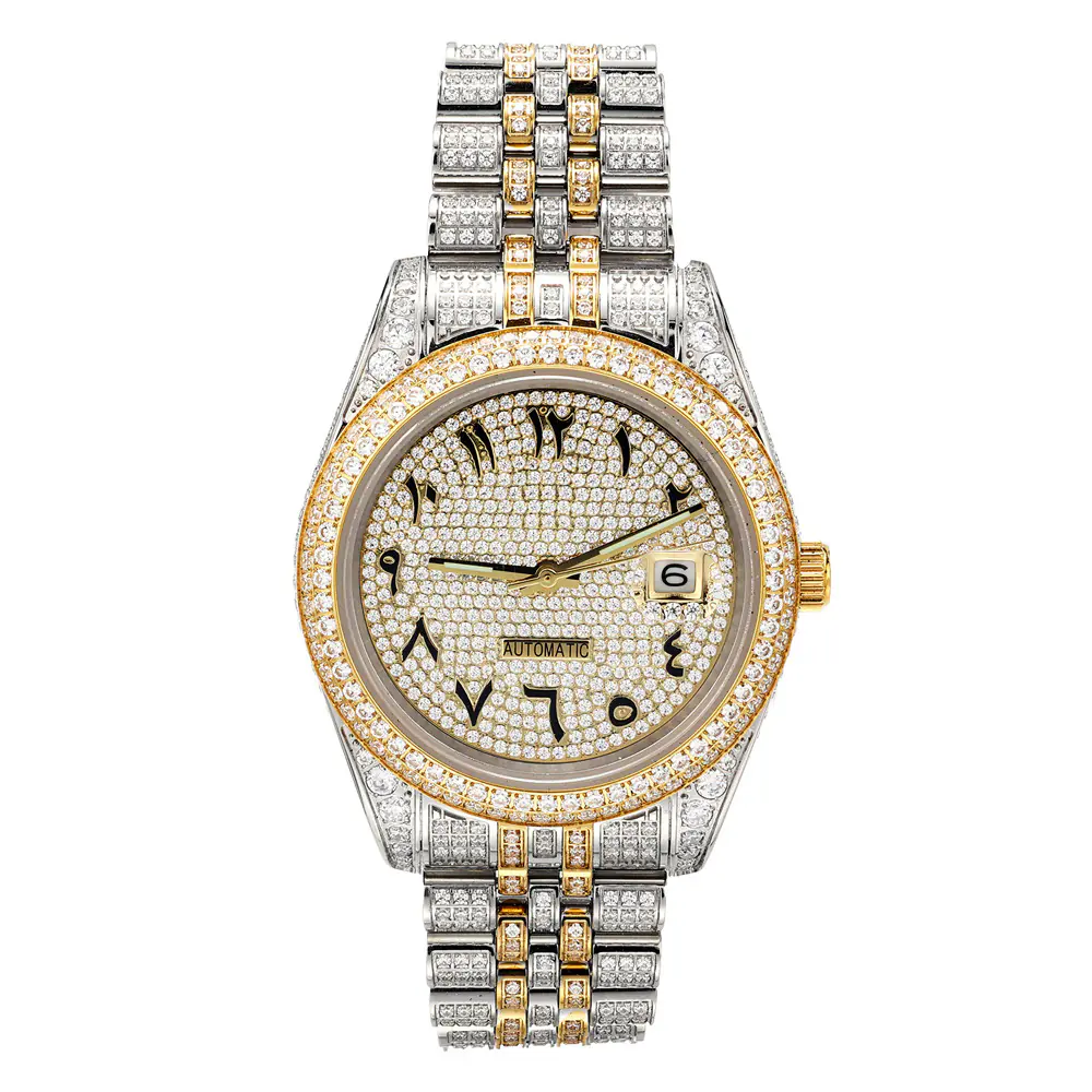 Stainless Steel Mechanical Watch Iced Out Round Dial With Metal Strap