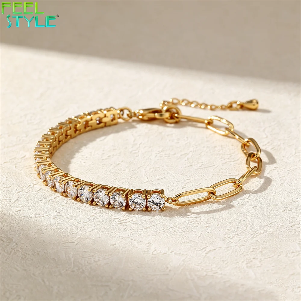 Half Tennis Half Paperclip Bracelet 4mm CZ & Link Mix Brass