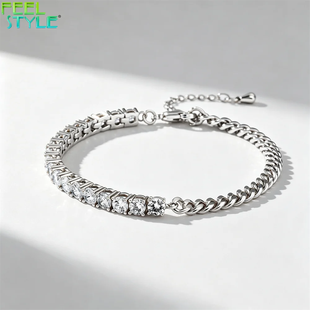 Half Cuban Link Half Tennis Bracelet 4mm CZ & Cuban Links Brass