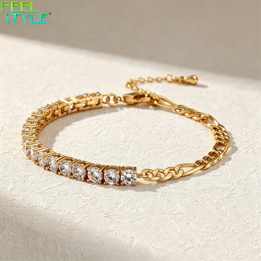 Half Figaro Half Tennis Bracelet 4mm CZ & Figaro Links Brass