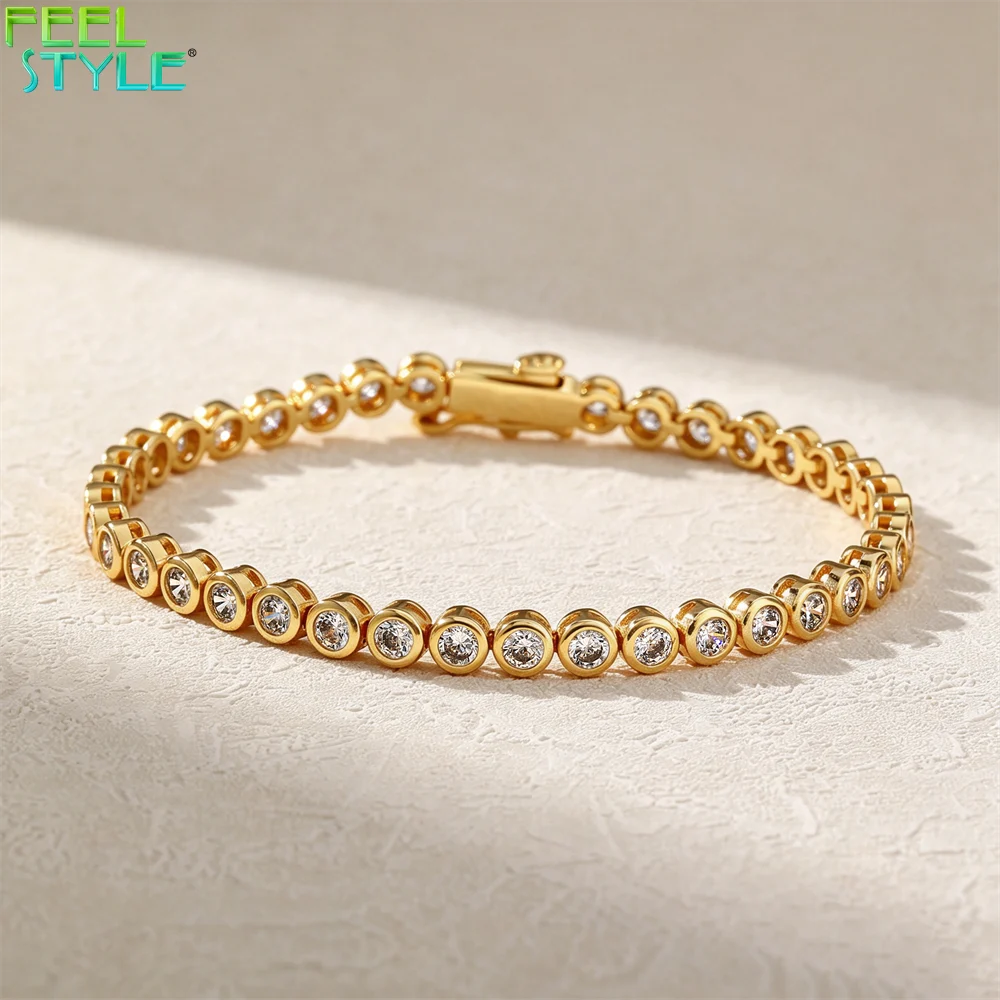 Bezel-Set Tennis Bracelet 4mm Round CZ Brass Smooth No-Prong Design Gold