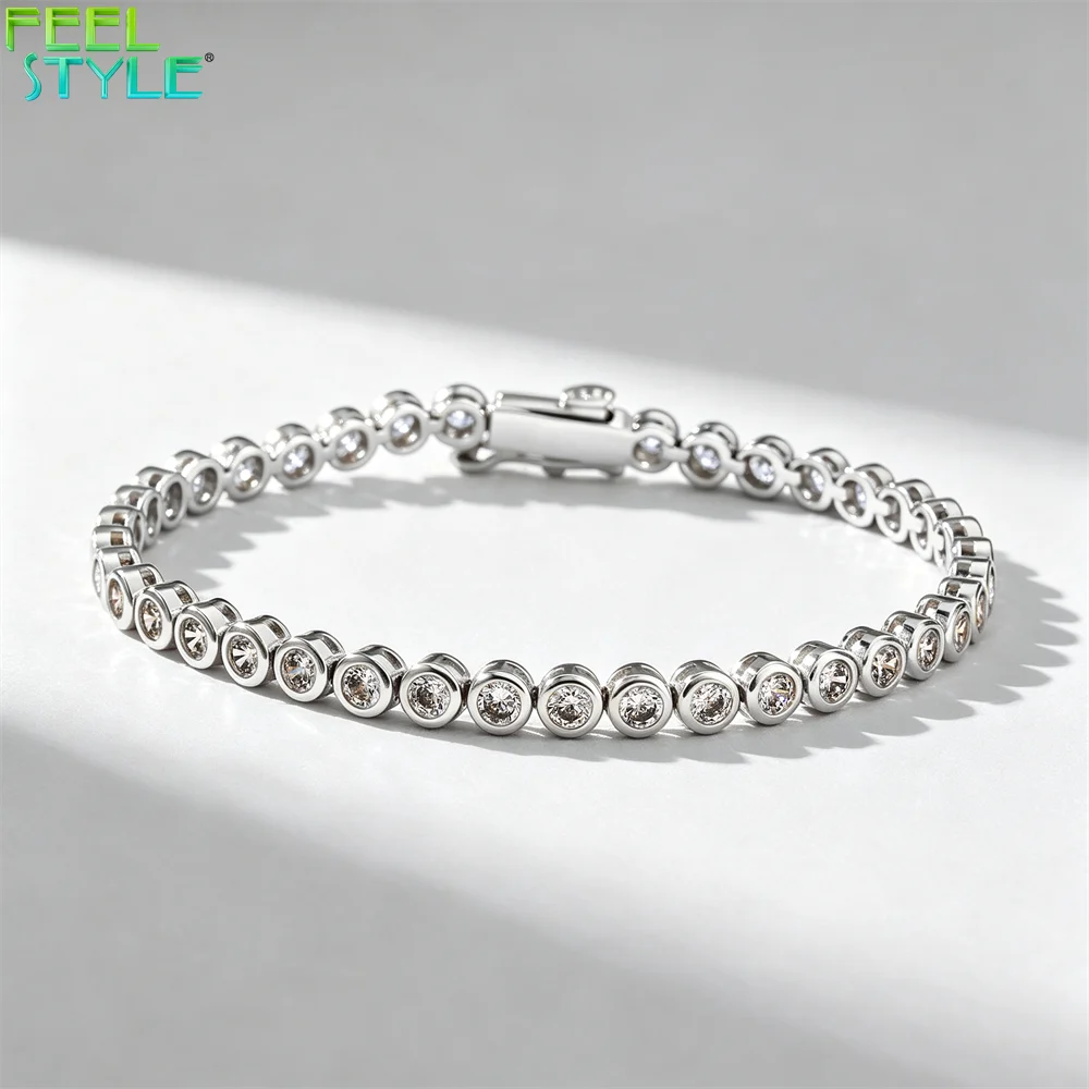 Bezel-Set Tennis Bracelet 4mm Round CZ Silver Brass Smooth No-Prong Design
