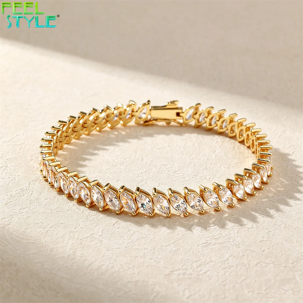 Marquise Tennis Bracelet 7mm Marquise-Cut CZ Tone Brass Gold